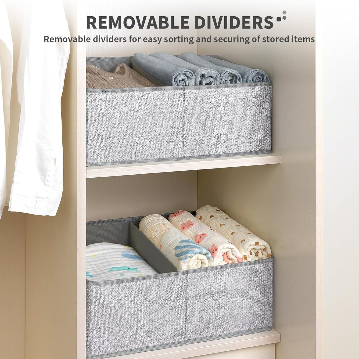 DIMJ Storage Baskets for Shelves 8 Packs - Large Trapezoid Closet Organizer Bins with Handles and Divider, Foldable Clothes Containers Box for Shelf, Towel, Book, Toy, Purse, Grey