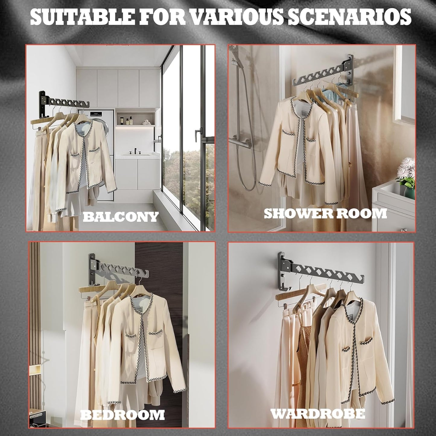 Dr.DJ Wall Mount Coat Hanger Holder Black Clothes Drying Organizer Rack Garment Hooks Aluminium Retractable Folding Indoor Wall Mounted Hanger Space Saver for Laundry Room Bedroom Black 2Pack