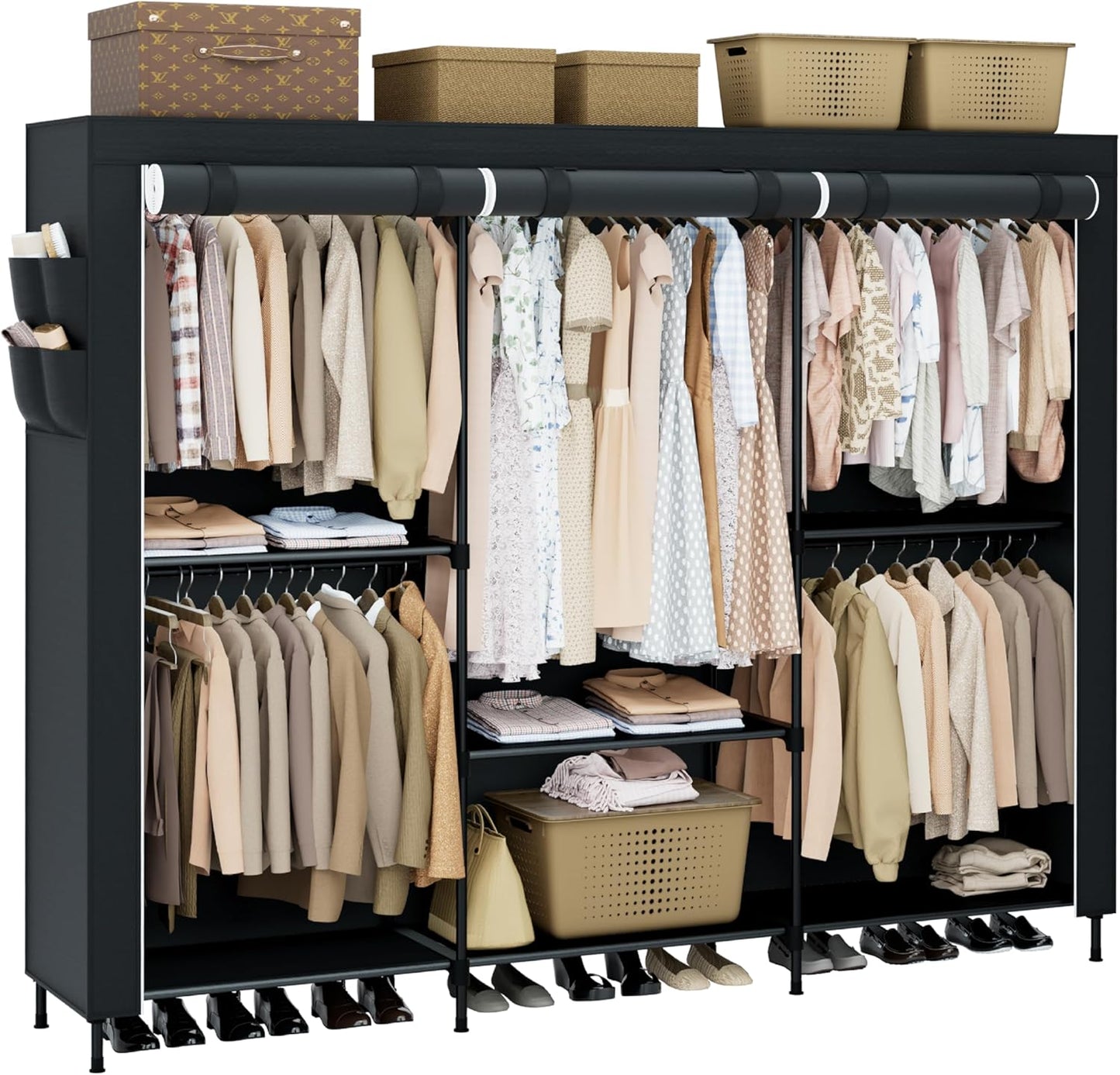 Portable Closet, 81.5 Inch Extra Large Capacity Wardrobe Closet with Cover, Clothes Storage Organizer with Shelves and 5 Hanging Rods, Easy to Assembly, Black PCT136B01