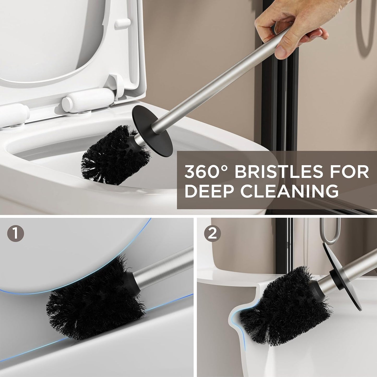 FORIOUS Toilet Brush and Holder Set, 304 Stainless Steel Heavy Duty Base and Handle for Bathroom Deep Cleaning, Toilet Bowl Cleaners Brush with Holder, Space Saving for Storage, Stainless Steel