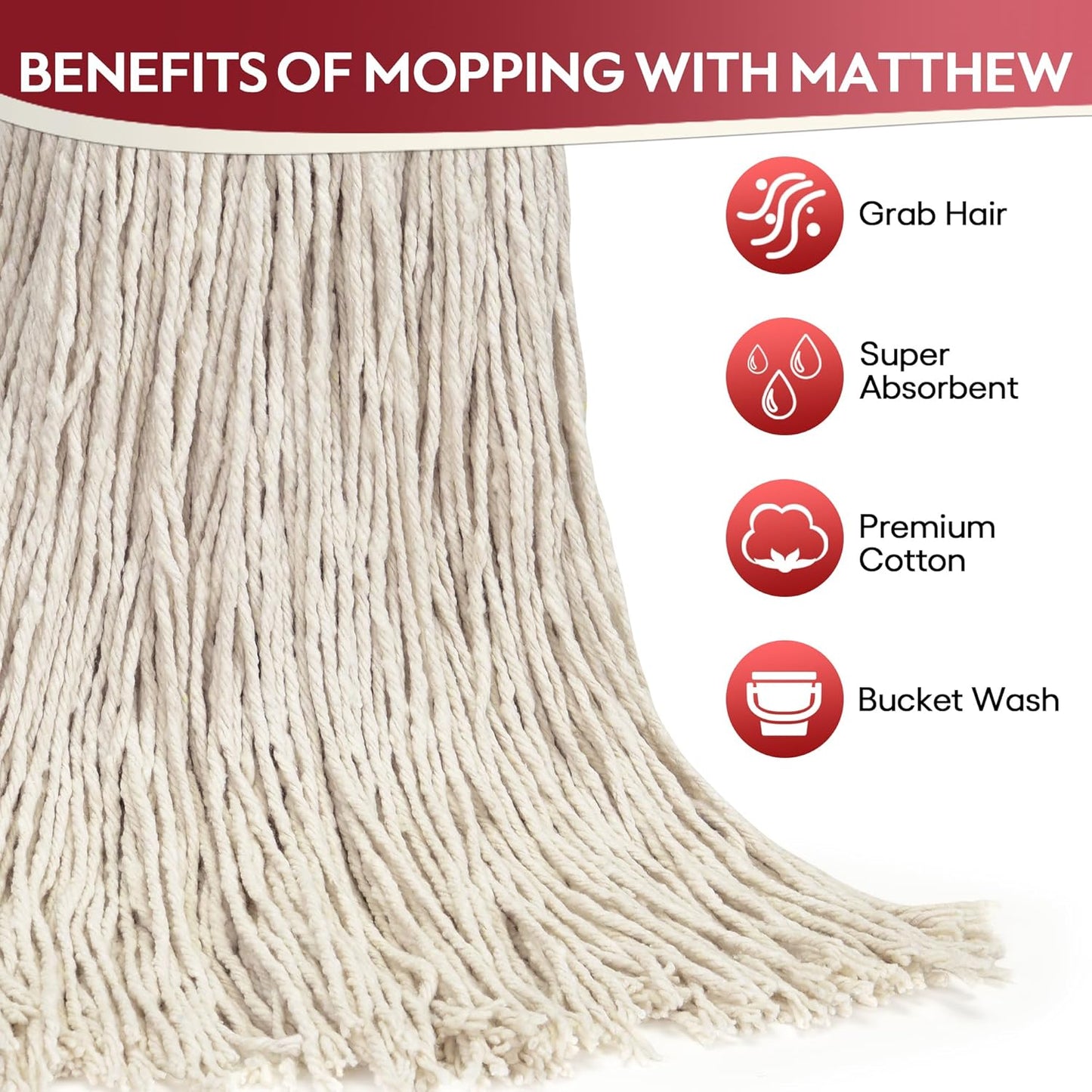 MATTHEW CLEANING 16oz 12Pack Cotton Mop Head Replacement,Cotton Looped-Open String Heavy Duty String Mop Refills, Universal Headband Blend,Floor Cleaning for Home, Industrial and Commercial Use(White)