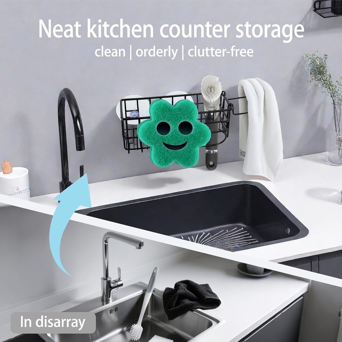 Sponge Holder Smile Face with Dish Cloth Hanger for Kitchen Sink, in-Sink Caddy Organizer with Suction Cups & Adhesive Strips, Rustproof Sponge Rack for Soap, Brush, Scrubber - Black（2 Pack）