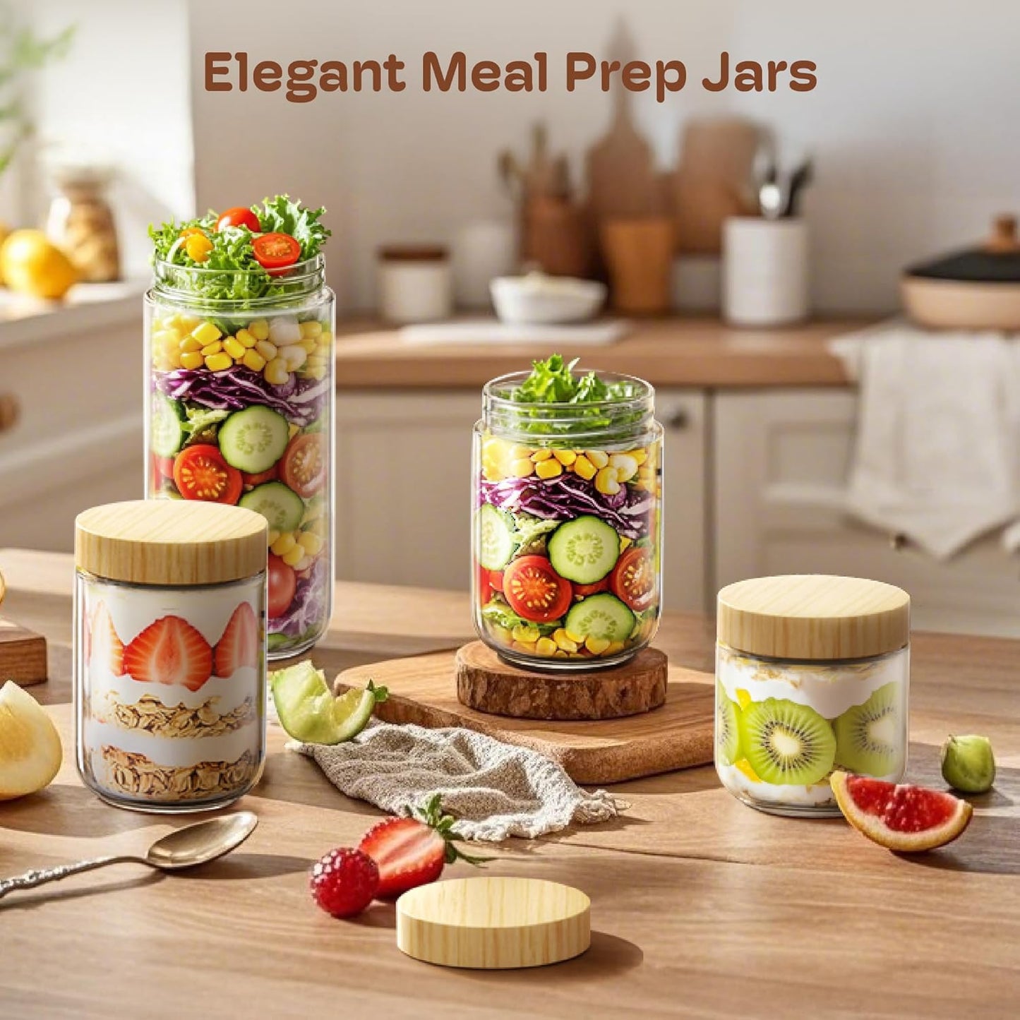 2 pack 10oz Overnight Oats Containers with Bamboo Lids, Glass Jars with Airtight Lids for Meal Prep, Wide Mouth Mason Salad Jars, Glass Food Storage Container for Yogurt Chia Snacks Spice Sugar