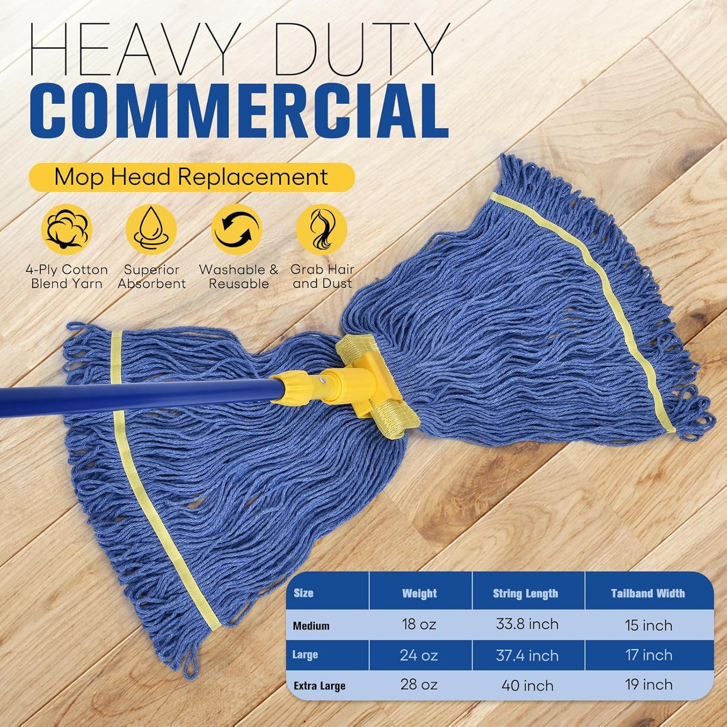 Matthew Cleaning Commercial Mop Head Replacement, 5 Inch Wide Headband, Looped End Cotton Blend String Wet Mops for Floor Cleaning, 24 oz Large, Case Pack 12 Pcs Blue