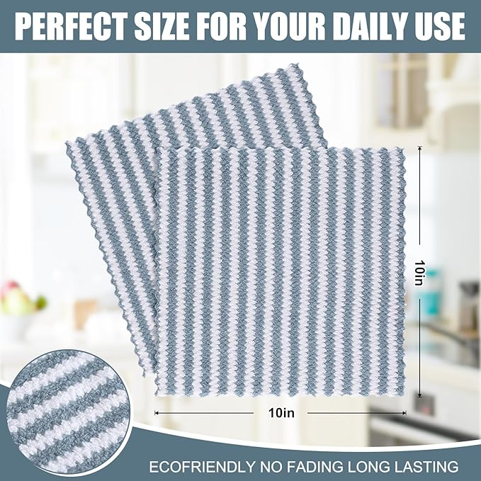 Homaxy 18 Pack Kitchen Dish Cloths, Ultra Soft and Absorbent Dish Towels, Reusable Fast Drying Microfiber Cleaning Cloth, Coral Velvet Wave Design No-lint, 10 x 10 inches, Dusty Blue
