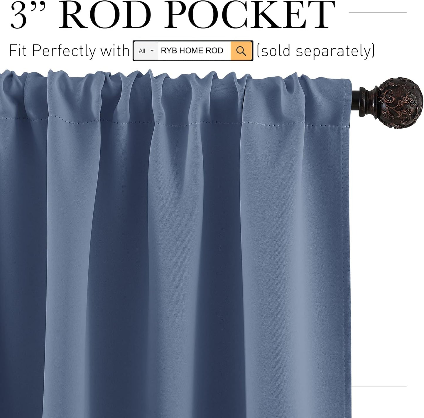 RYB HOME Small Curtains for Bathroom Windows, Blackout Blinds Shades for Bedroom Dorm Storage Cabinet Door Basement Farmhouse Decor, W 34 x L 36 inches, Stone Blue, 2 Panels