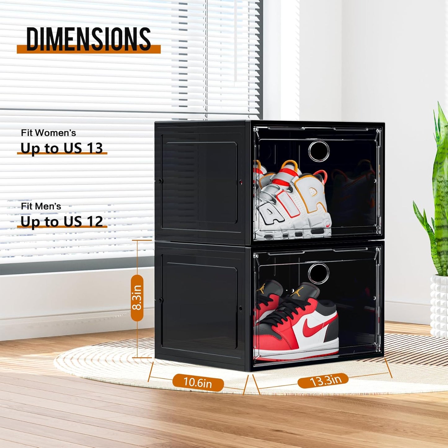 KEFA XL Shoe Storage Box Organizer, 6 Pack Shoe Boxes Clear Plastic Stackable, Sneaker Display Case Container Fit for US 13 (Side 6 PACK BLACK)