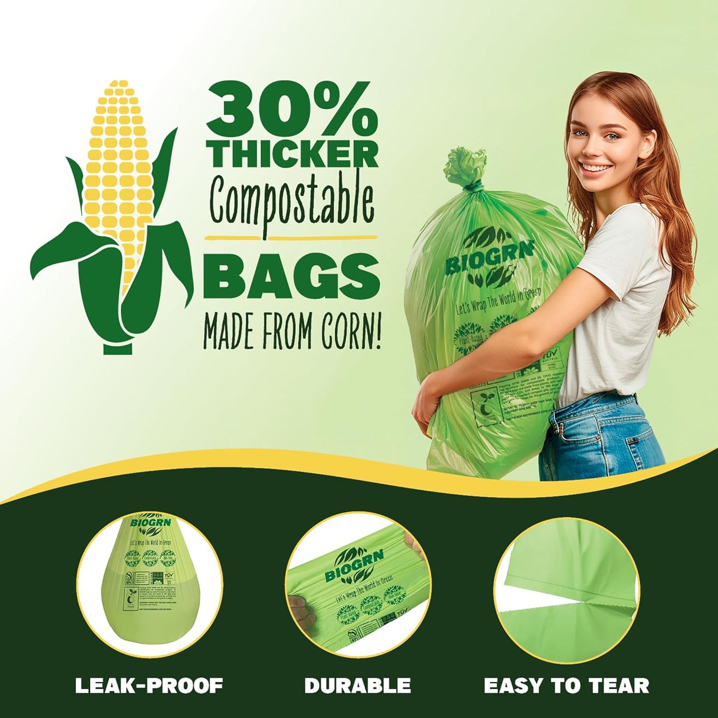 30-33 Gallon Compostable Trash Bags Flat-Top 30 Bags Heavy Duty1.57 Mil, 124.92 Liter Large Lawn and Yard Waste Bag green for Outdoor Garden ASTM D6400, US BPI and OK Compost Home Certified