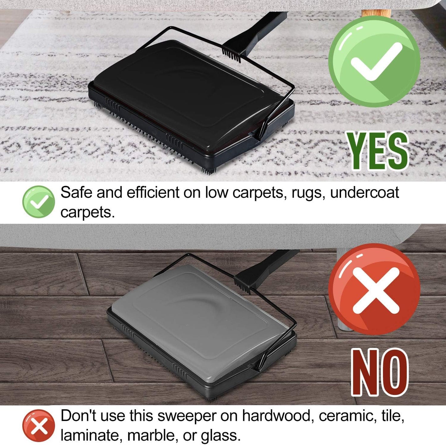 Yocada Carpet Sweeper Cleaner for Home Office Low Carpets Rugs Undercoat Carpets Pet Hair Dust Scraps Paper Small Rubbish Cleaning with a Brush Black