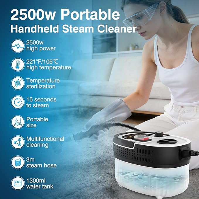 Steam Cleaner for Home & Car Detailing, 2500W High Pressure Portable Steamer with 6-Level Adjustable Steam, 15s Heat-Up, 9.8ft Long Hose, ANSI Z87.1 Goggles, 17-Pcs Kit for Tile, Grout, Hardwood