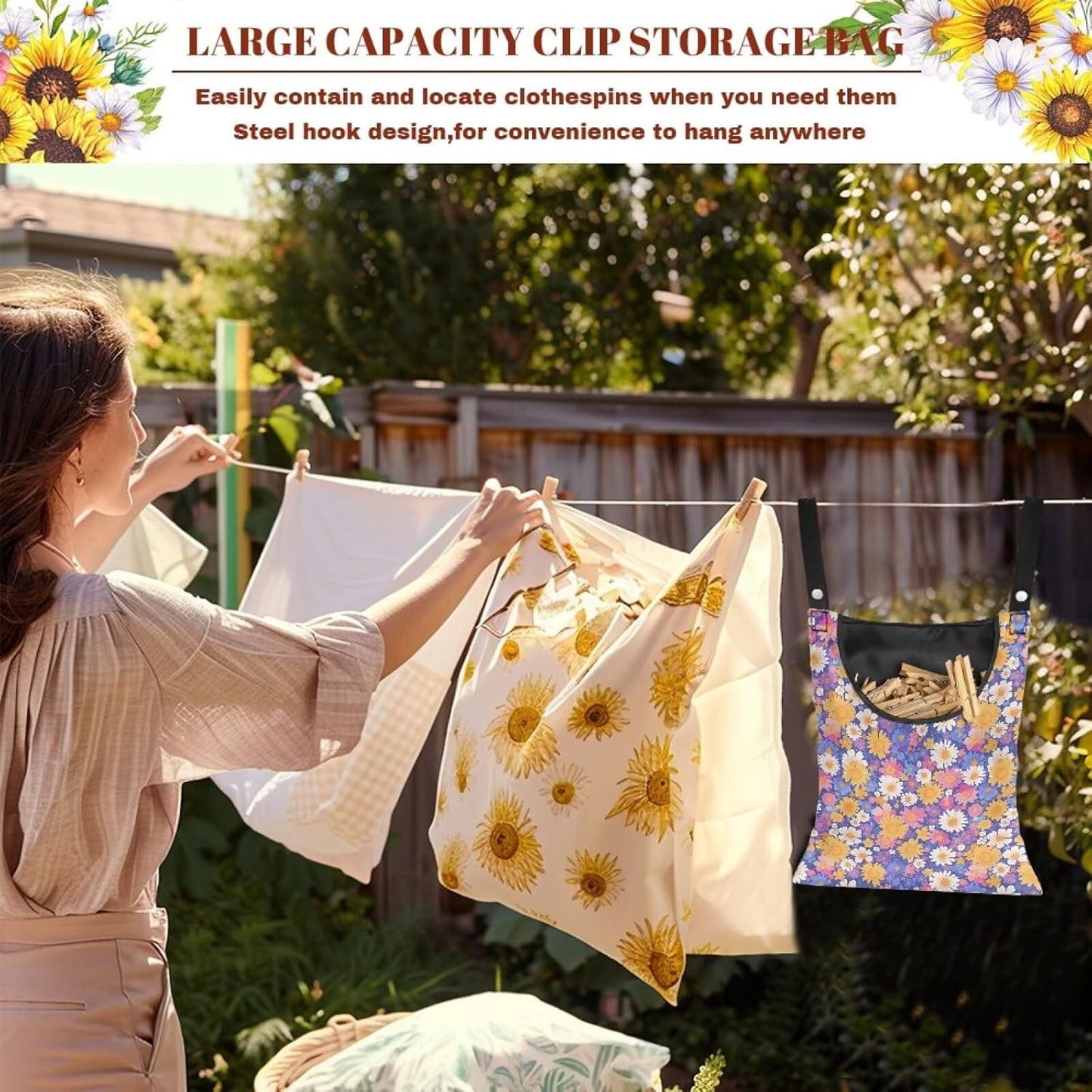 Clothespin Bag with Hanging Rope for Home Outdoor，Laundry Hanging Bag Fits Clothes Lines for Hanging Clothes Outside Balcony Bathroom Corridor Yard - Daisy Floral