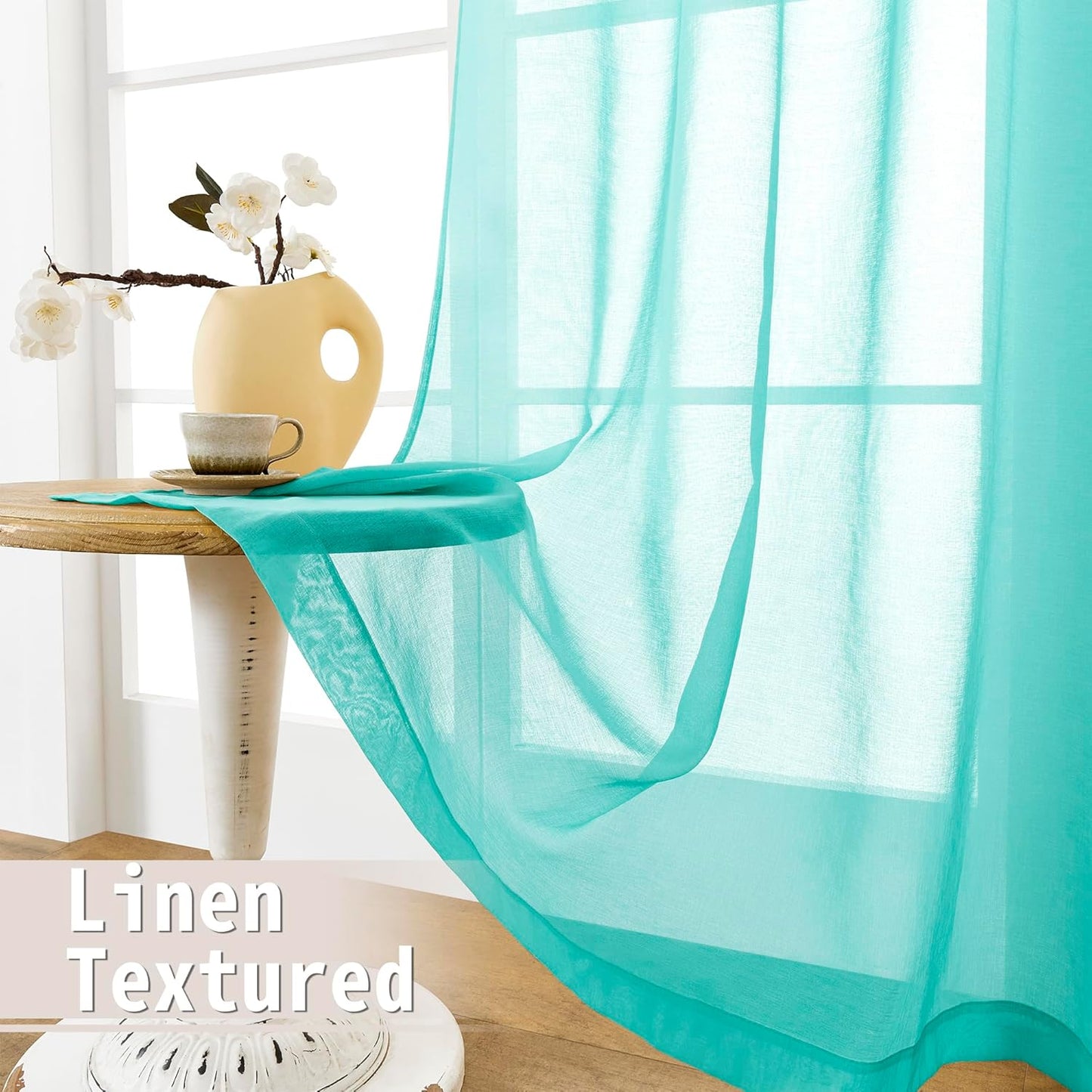 Tollpiz Short Sheer Door Curtains Closet Linen Textured Curtains Sheer Doorway Light Filtering Voile Patio Door Rod Pocket Curtain French Door, 54 x 40 inches Long, Aqua Blue, Set of 1 Panel