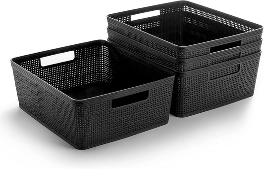BINO | Woven Plastic Basket | Medium (Black), 4-Pack | THE JUTE COLLECTION | Home Organization, Space - Saving Storage, Stylish Design | Jute Basket | Plastic Storage Basket