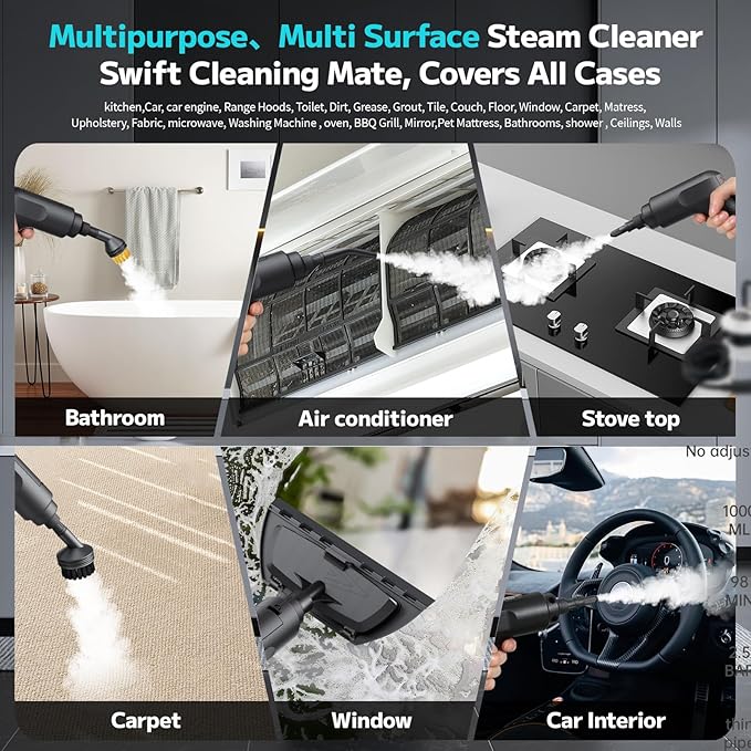 Pressurized Steam Cleaner, 54oz Large Tank, Portable Steamer for Cleaning with 15-Piece Kit, 15s Fast Heat-Up, 3-Level Control, Handheld Steam Cleaner for Home, Car, Kitchen, Tile, Grout(White)
