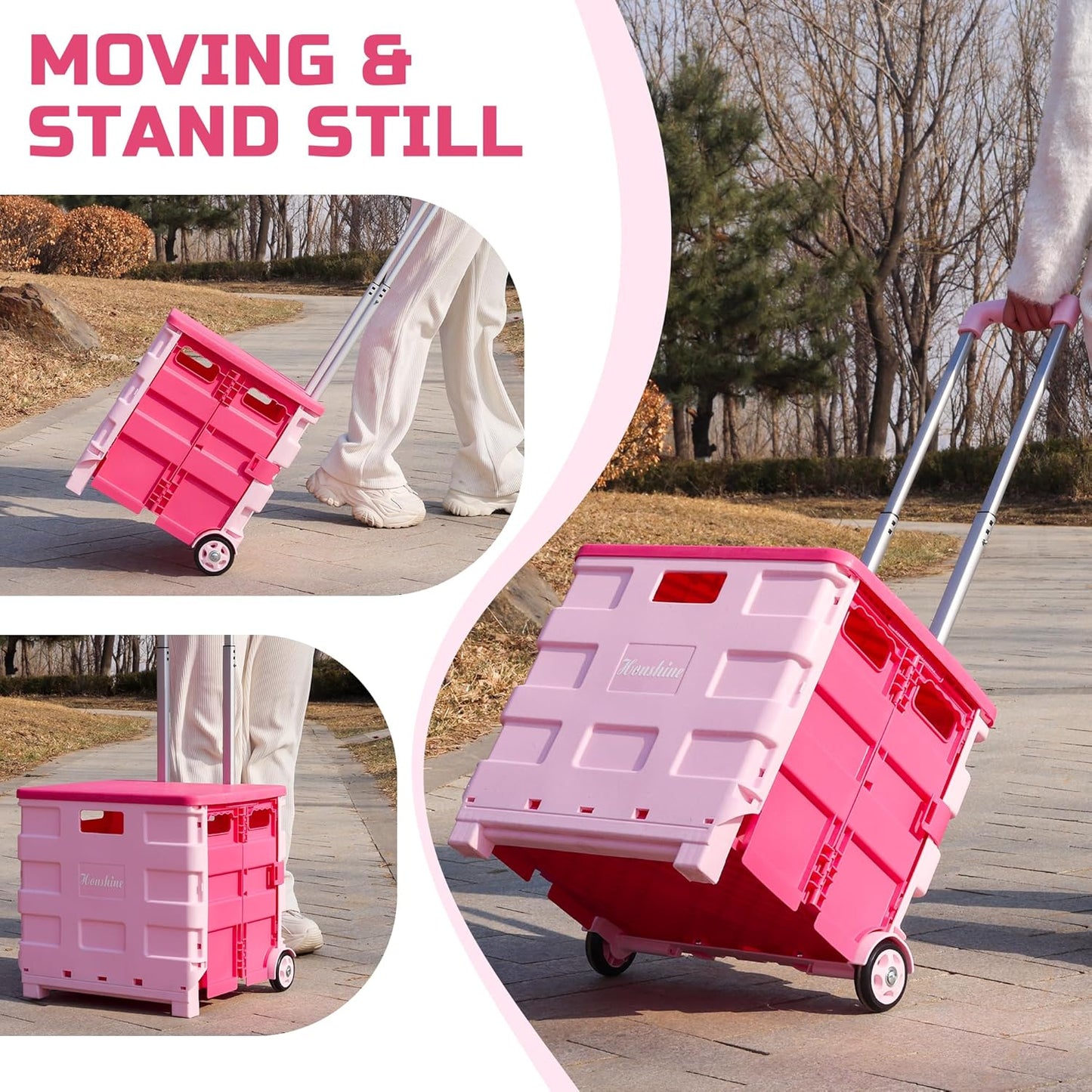 Foldable Rolling Cart on Noiseless Wheels: Portable Utility Cart for Grocery Books File Office (Pink)