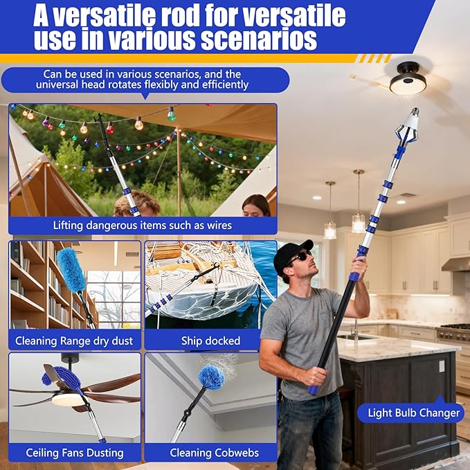 30FT Light Bulb Changer for High Ceilings with 5-24FT Heavy Duty Extension Pole,High Ceiling Fan Duster Extendable Reusable Cobweb,Feather,Window Cleaning Squeegee Kit for Home & House,Interior Roof