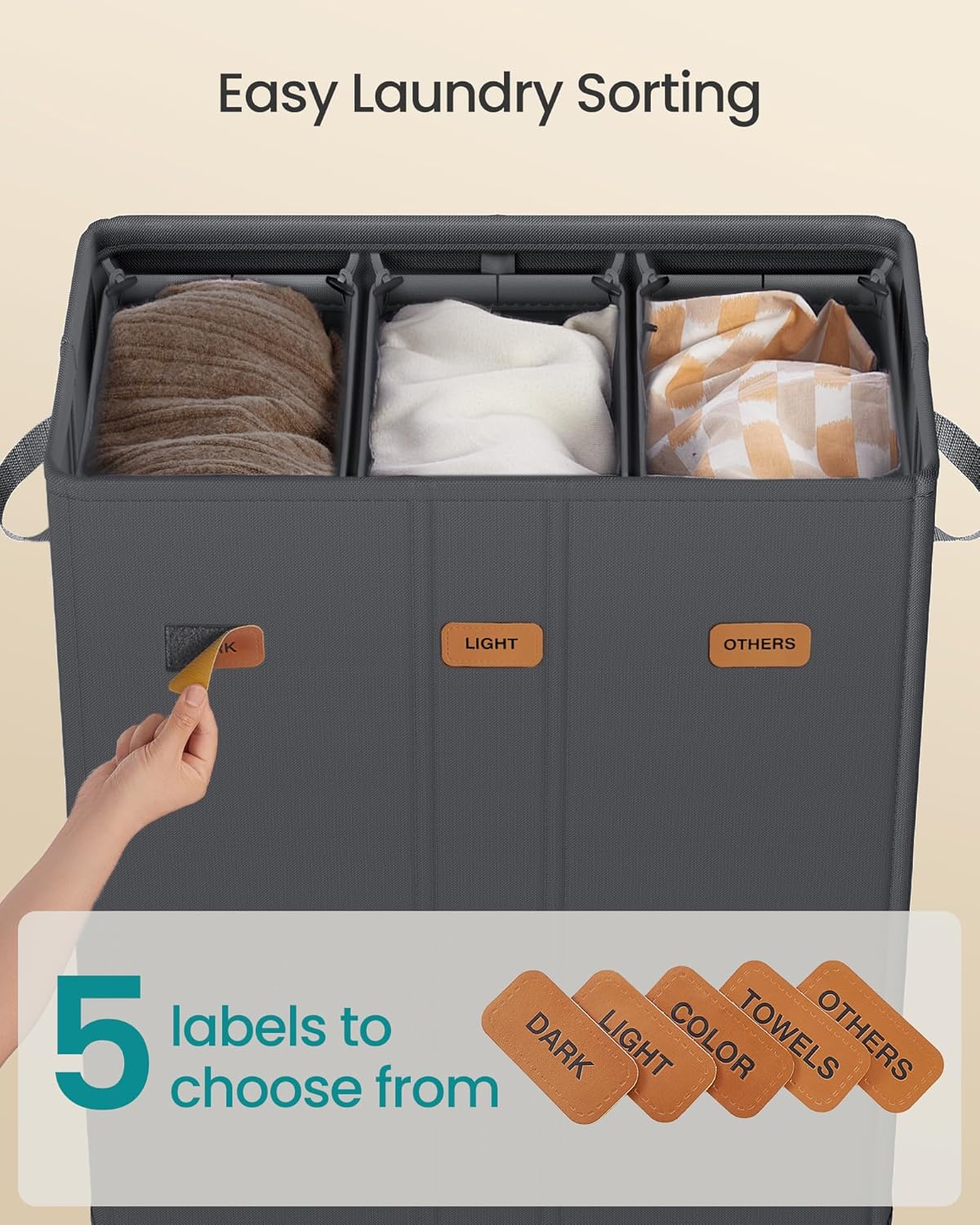 SONGMICS 42.2 Gallon (160 L) Laundry Hamper, 3-Compartment Laundry Basket Sorter with Lid, Labels, Removable Liner Bags, for Bedroom, Dark Gray URLH013G01