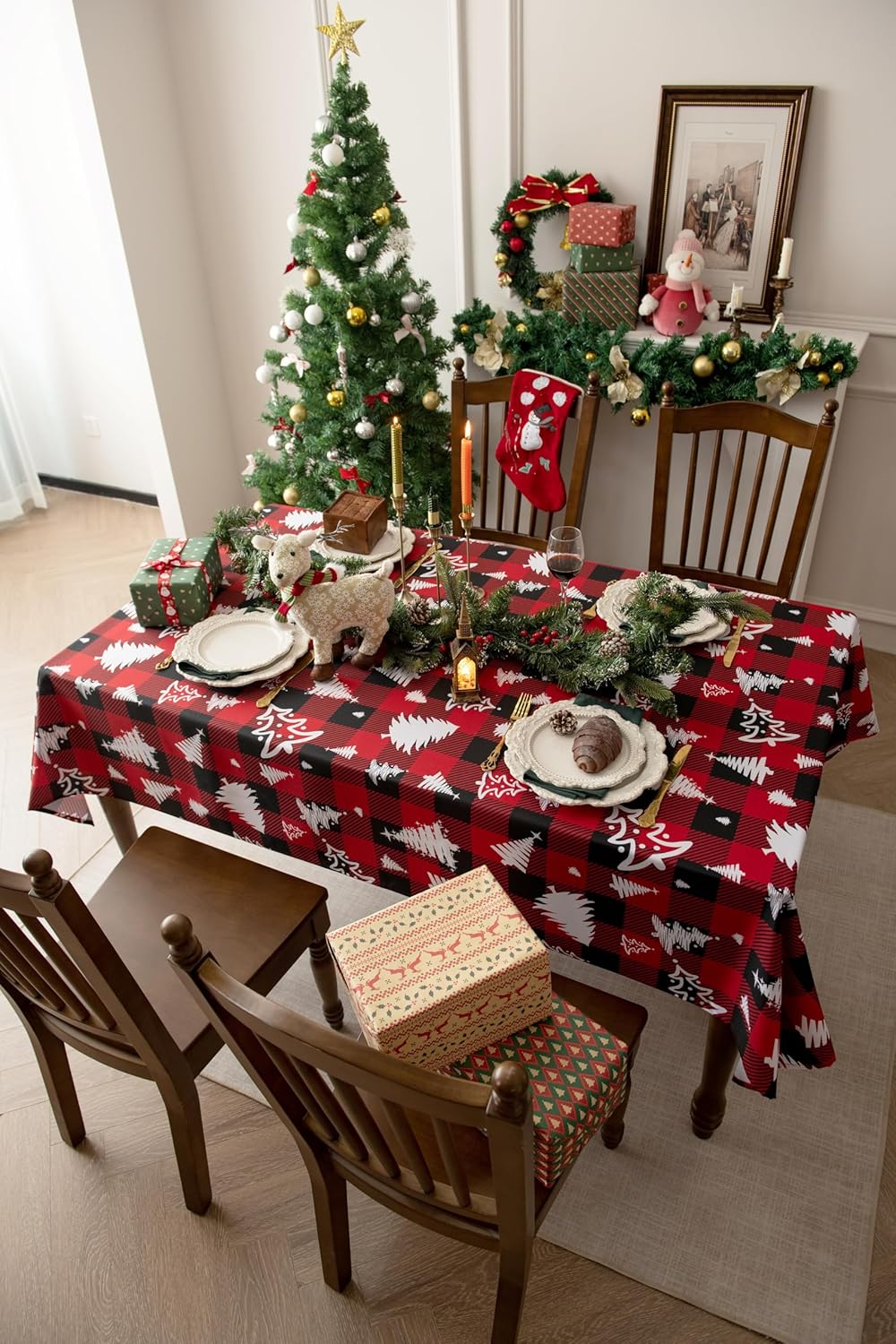Red Gingham Plaid Christmas Tree Tablecloth - Rectangular 58x102 Inch Water Resistant Table Cloth for Indoor/Outdoor Use - Holiday Table Cover for Kitchen, Picnics, and Parties