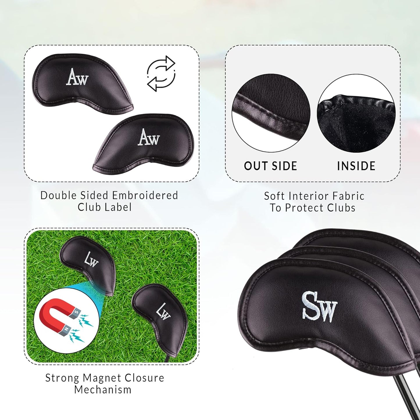 Premium Magnetic Leather Iron and Wedge Golf Club Head Covers | Set of 10 | Fits Most Clubs | Embroidered Club Label on Both Sides of Club Head Cover