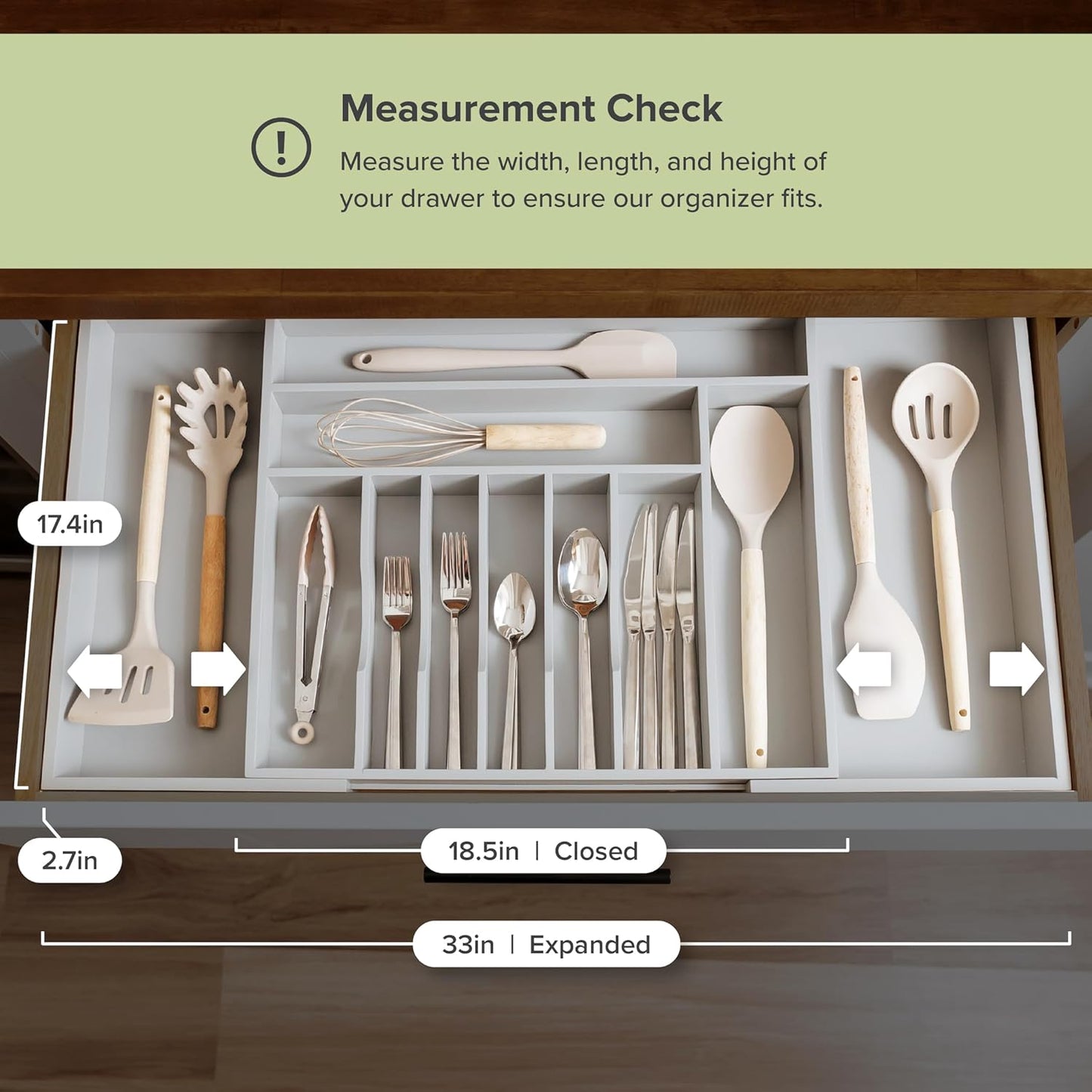 KitchenEdge Premium Silverware, Flatware and Utensil Organizer for Kitchen Drawers, Food-Safe Contract Grade, Expandable from 18 to 33 In, Gray Bamboo