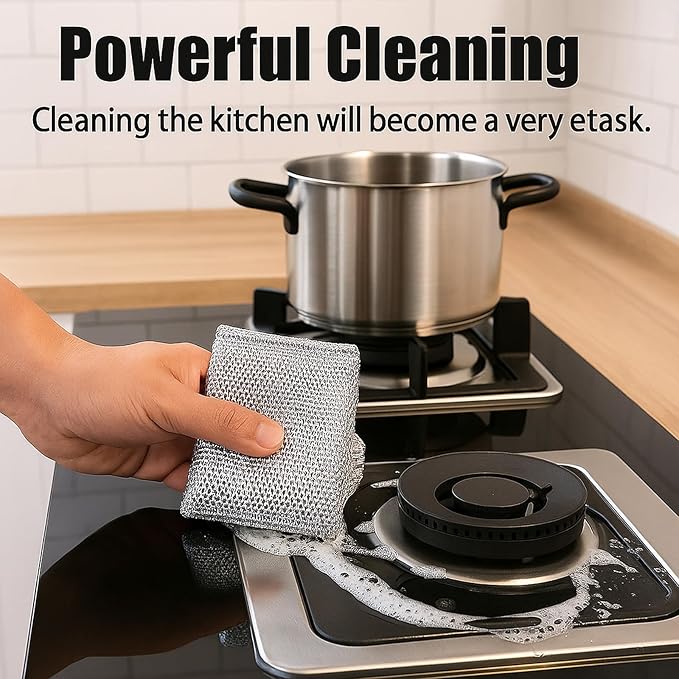 Upgraded 3-Layer Metal Dish Scrubber-6Pcs, No Scratches, Odor-Free, Multi-Purpose Stainless Steel Scouring Pad for Kitchen Cleaning – Dry & Wet Use, for Dishes, Cookware, Sinks, Stove Tops (6PCS)