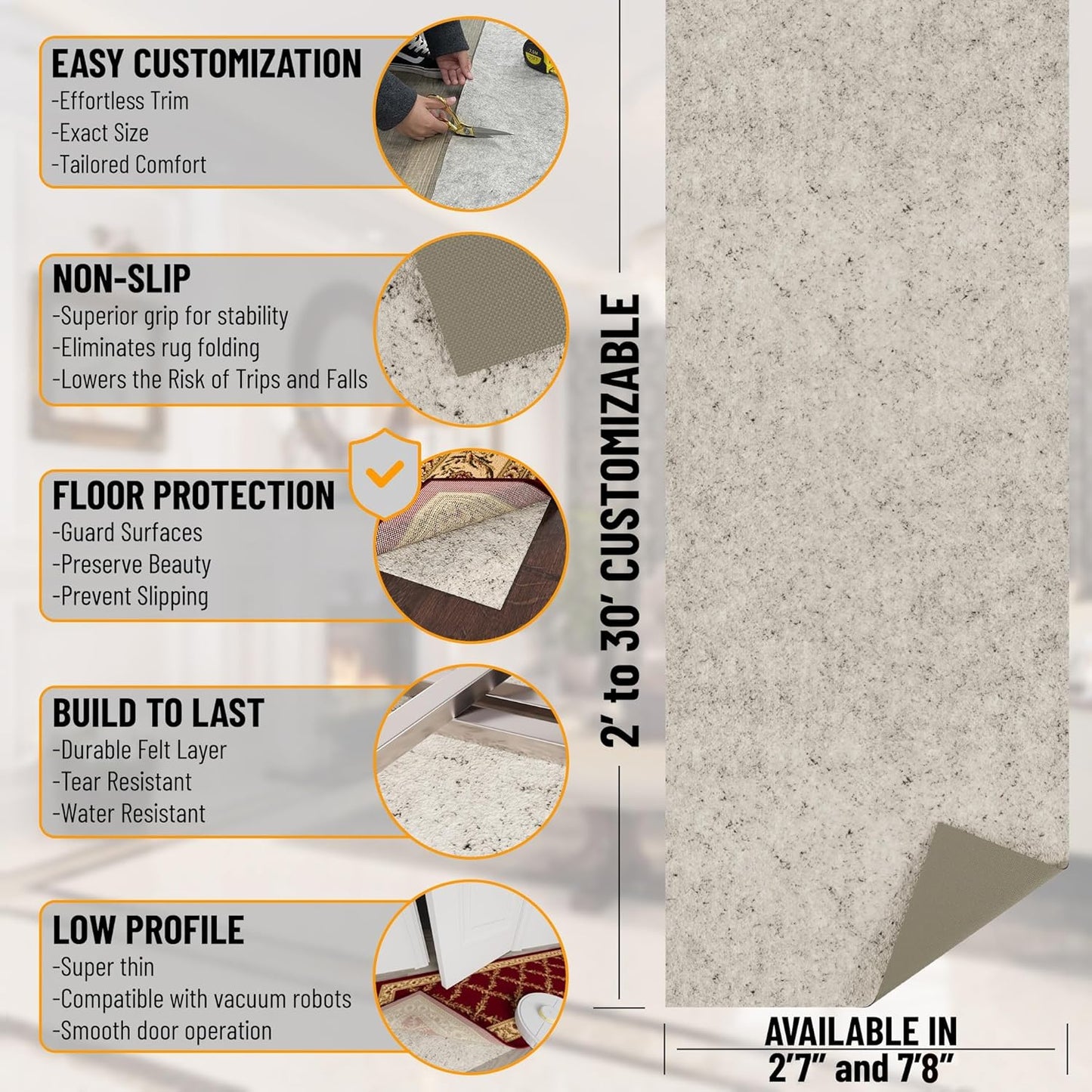Ottomanson 2'7" x 12' Non-Slip Rug Pad Gripper 1/12 Inch Ultra Thin Dual Surface Felt + Rubber Gripper - Safe for All Floors, Cream