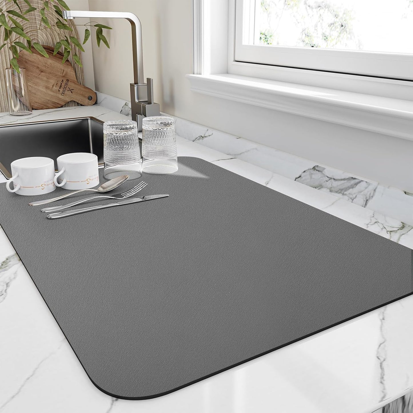 Dish Drying Mat for Kitchen Counter, Heat Resistant Drainer Mats with Non-slip Rubber Backed, Hide Stain Kitchen Super Absorbent Draining Mat, Easy to Clean Dish Rack Pad, Dark Grey 18"x24"