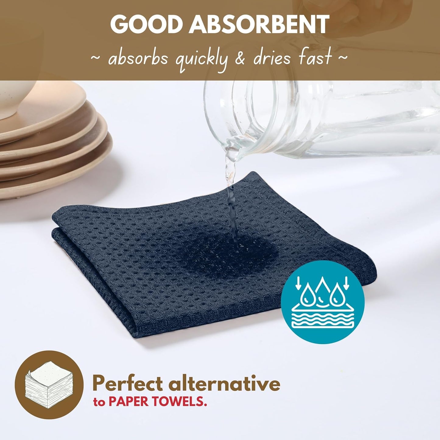 Native Fab Cotton Kitchen Towel with Hanging Loop 16x26 inches, 6-Pack, Waffle Weave Kitchen Towels for Cleaning Drying, Washcloths Soft & Absorbent Cloth Rags, Bar Towel, Dish Cloth, Navy