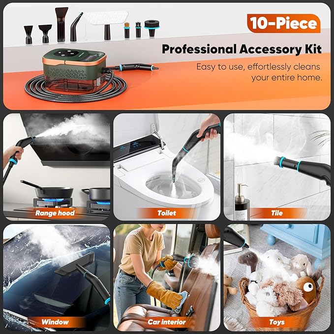 Steam Cleaner, 2500W Home Handheld Grout Steam Cleaning Machine with 1.32QT Transparent Tank & 10 Attachments for Range Hood, Stove, Tile, Upholstery, Car Detailing & More (Green/Gold)