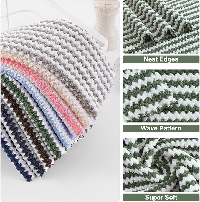 Homaxy Kitchen Towels(12 Pack, 10 x 20 inches), Ultra Soft and Absorbent Dish Towels, Reusable Fast Drying Microfiber Cleaning Cloth, Coral Velvet Wave Design No-lint, Grass Green