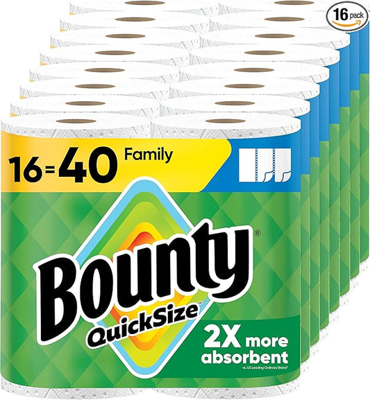 Bounty Paper Towels Quick Size, White, 16 Family Rolls = 40 Regular Rolls