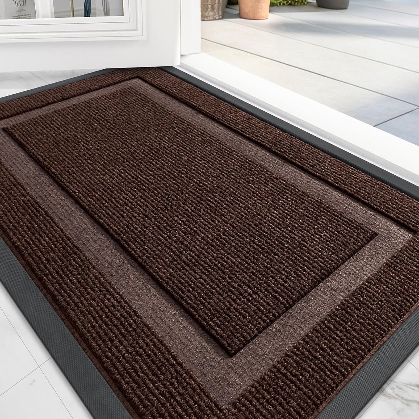 OLANLY Front Door Mat Indoor Outdoor Entrance, Waterproof All-Season, All-Weather Doormat, Sturdy Natural Rubber, Fade Resistant, Low Profile, Easy Clean Patio Porch Entryway Mat, 59x23, Dark Brown