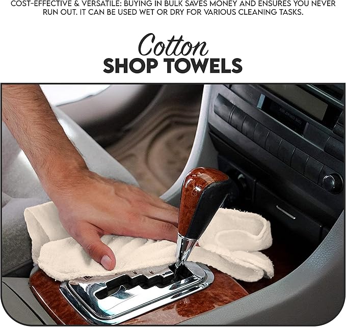 Cotton Shop Towel – Multipurpose Cleaning Cloths (14" x 12" - Pack of 150 - White) Reusable Shop Rags for Automobiles, Industrial, Restaurants, Garage, and Homes