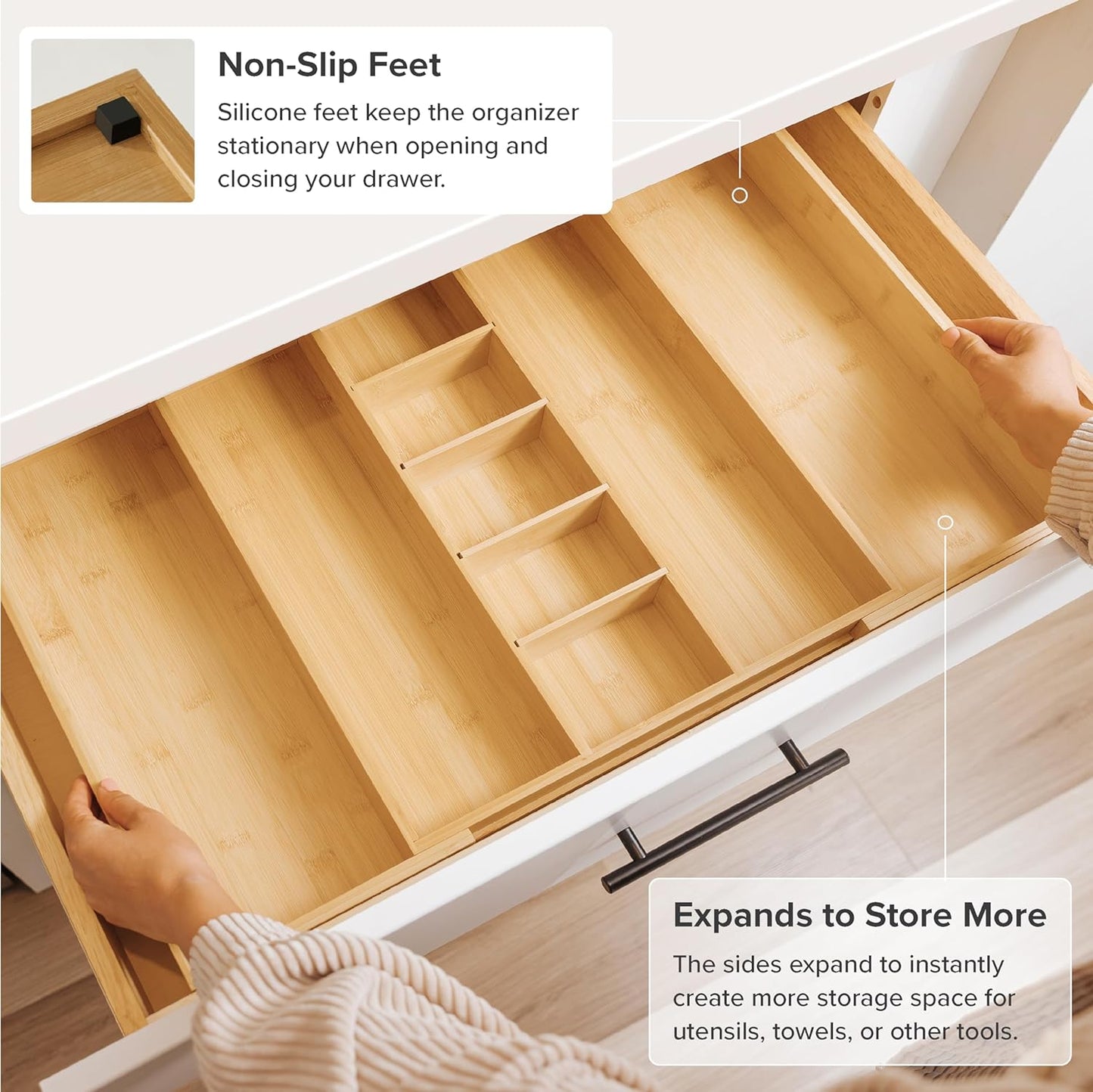 KitchenEdge Adjustable Kitchen Drawer Organizer for Utensils and Junk, Food-Safe Contract Grade with 100% Sustainable Wood, Expandable from 16 to 28 Inches Wide - Natural Bamboo