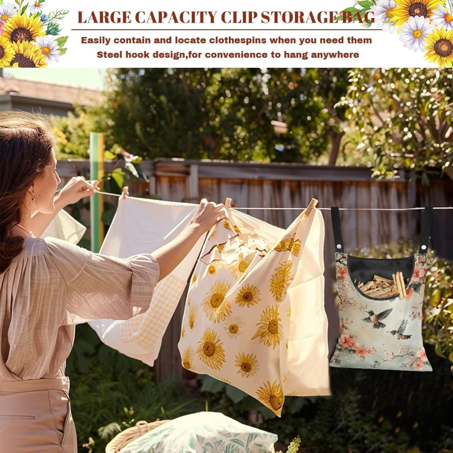 2 Pcs Hummingbird and Flowers Clothes Pin Bag, Small Hanging Laundry Bag with Hanging Rope Clothespin Bag for Clothes Line Clip Easy Access Clothes Pin Holder for Home Outdoor