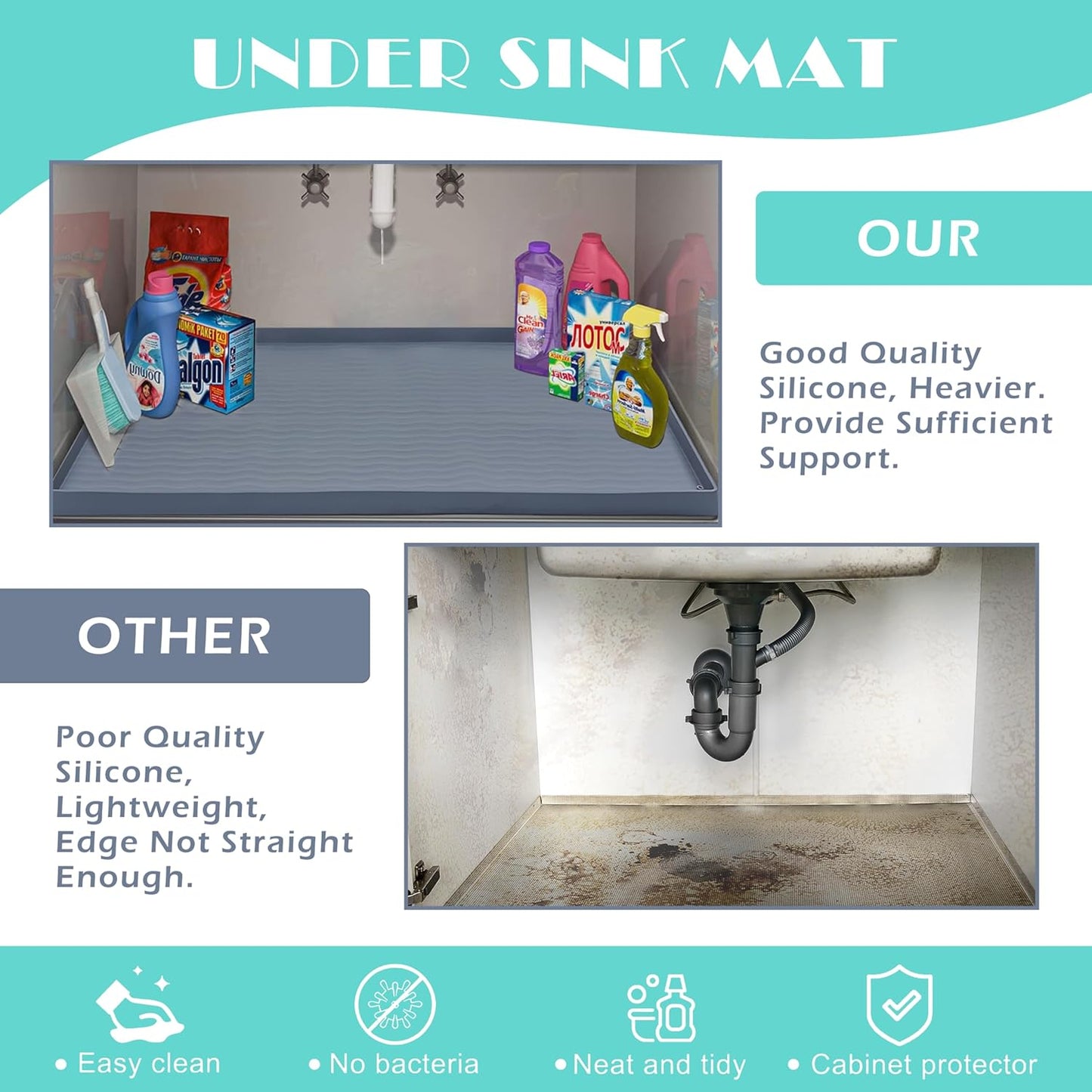 URMONA Waterproof Silicone Under Sink Mat 22'' x 22'' Shelf Liner for Kitchen and Bathroom, Cabinet and Counter Protector, Storage and Organizers, Litter Mat, Pet Cat Puppy Essentials(Dark Grey)