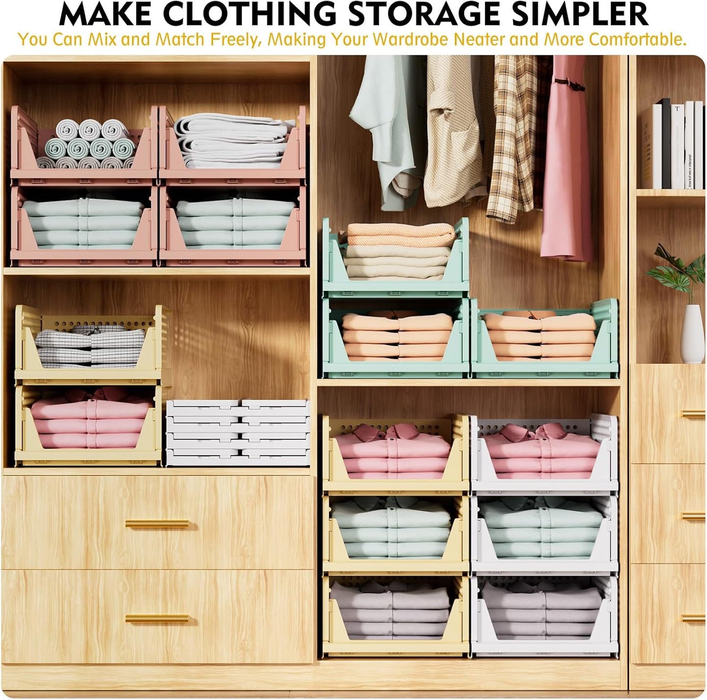 SNSLXH 5 Pack Stackable Closet Organizer Box, Multifunctional & Foldable Closet Storage Basket for Bathroom Kitchen Laundry Room Wardrobe Storage, Space-Saving Clothes Storage Drawer Organizer, Green