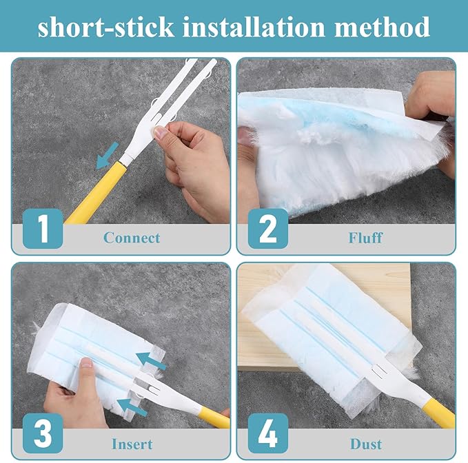 60 Count Electrostatic Duster Refills, 360 Heavy Duty Compatible with Swiffer Dusters Refills with 1 Short Handle and 1 Extenda Handle for Cleaning Home