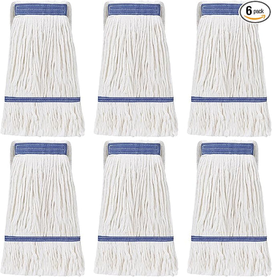 Eccliy 6 Pack Heavy Loop End Cotton String Mop Head Heavy Duty Mop Head Commercial Refills Replacement Bulk for Home Industrial Commercial Floor Cleaning (White,Blue)