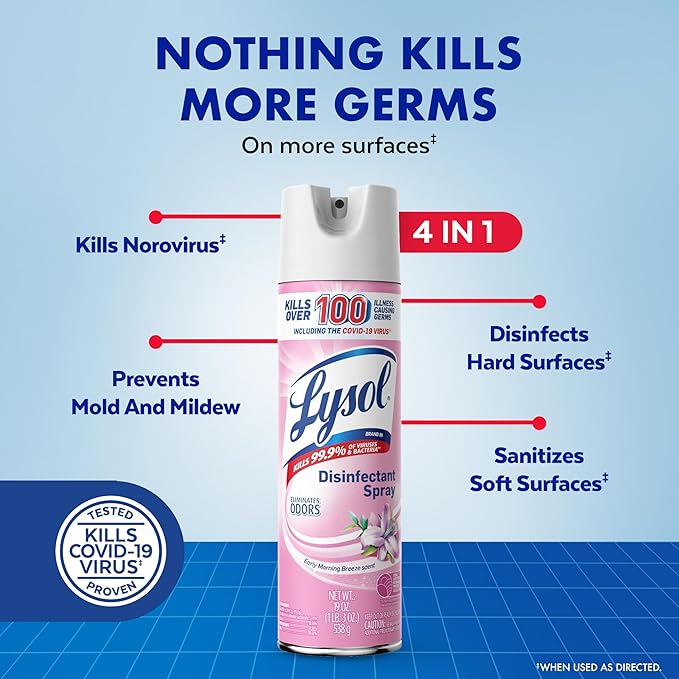 Lysol Disinfectant Spray, Sanitizing and Antibacterial Spray, For Disinfecting and Deodorizing, Early Morning Breeze, 1 Count, 19 fl oz each