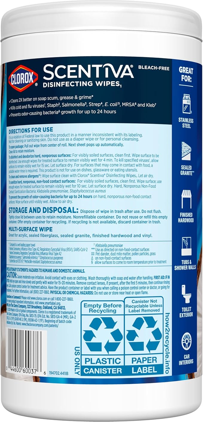CLOROX Scentiva Disinfecting Wipes, Coconut and Waterlily, 75 Count (Package May Vary)