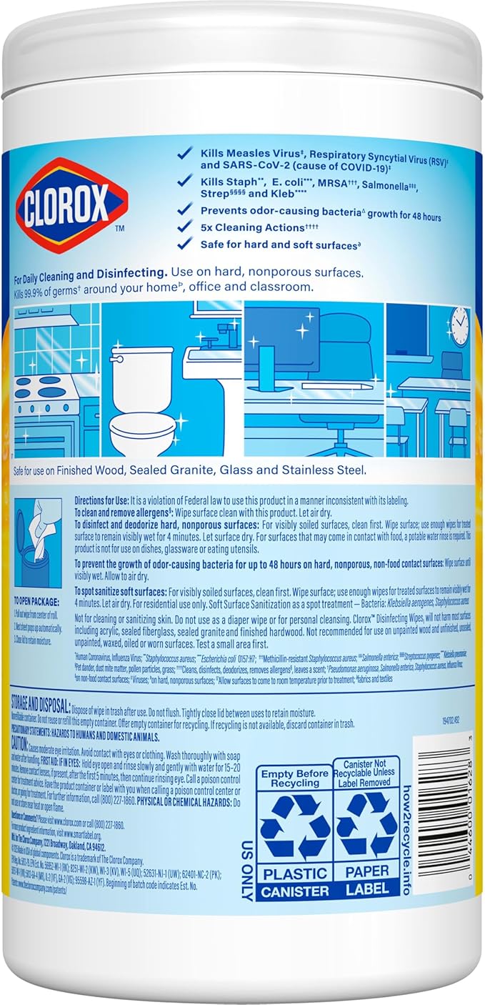 Clorox Disinfecting Cleaning Wipes, Bleach Free, Crisp Lemon, 75 Count, Pack of 6 (Pack May Vary)