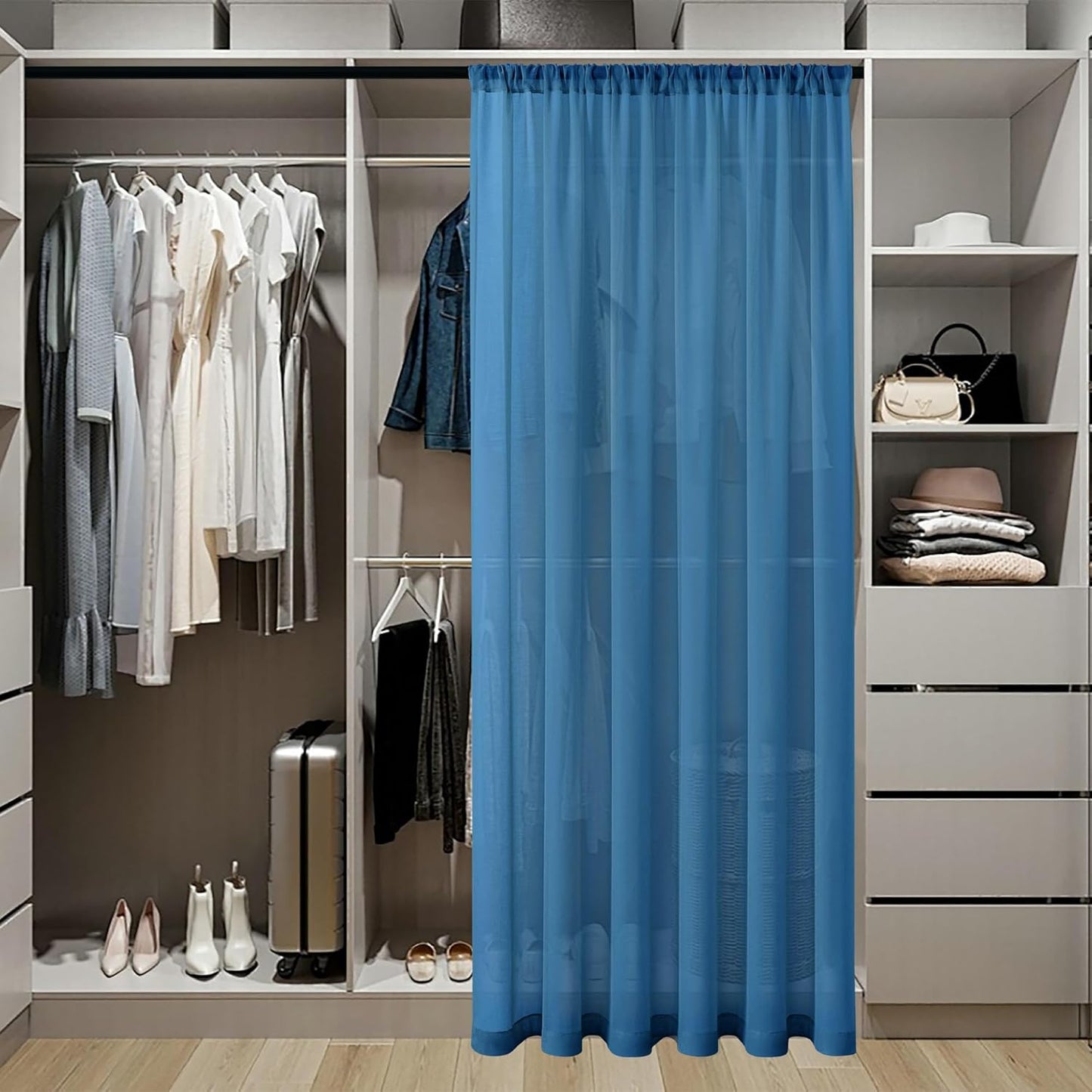 Tollpiz Sheer Door Curtain Closet Linen Textured Curtains Sheer Doorway Light Filtering Voile Patio Glass Door Rod Pocket Curtain French Door, 54 x 72 inches Long, Classic Blue, Set of 1 Panel