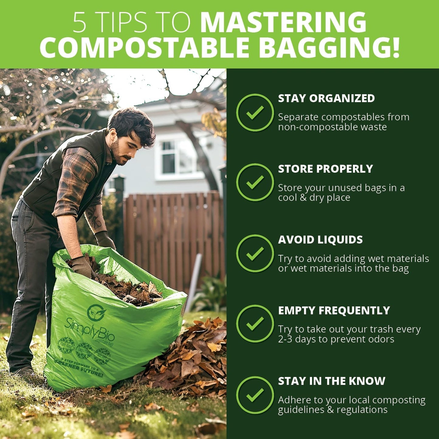 Simply Bio 50-55 Gallon Compostable Trash Bags Liners Flat-Top, Heavy Duty Extra Thick 1.57 Mil, 208.2 Liter, 12 Bags, Lawn, Yard, and Restaurant Use, ASTM D6400, US BPI, OK Compost Home Certified