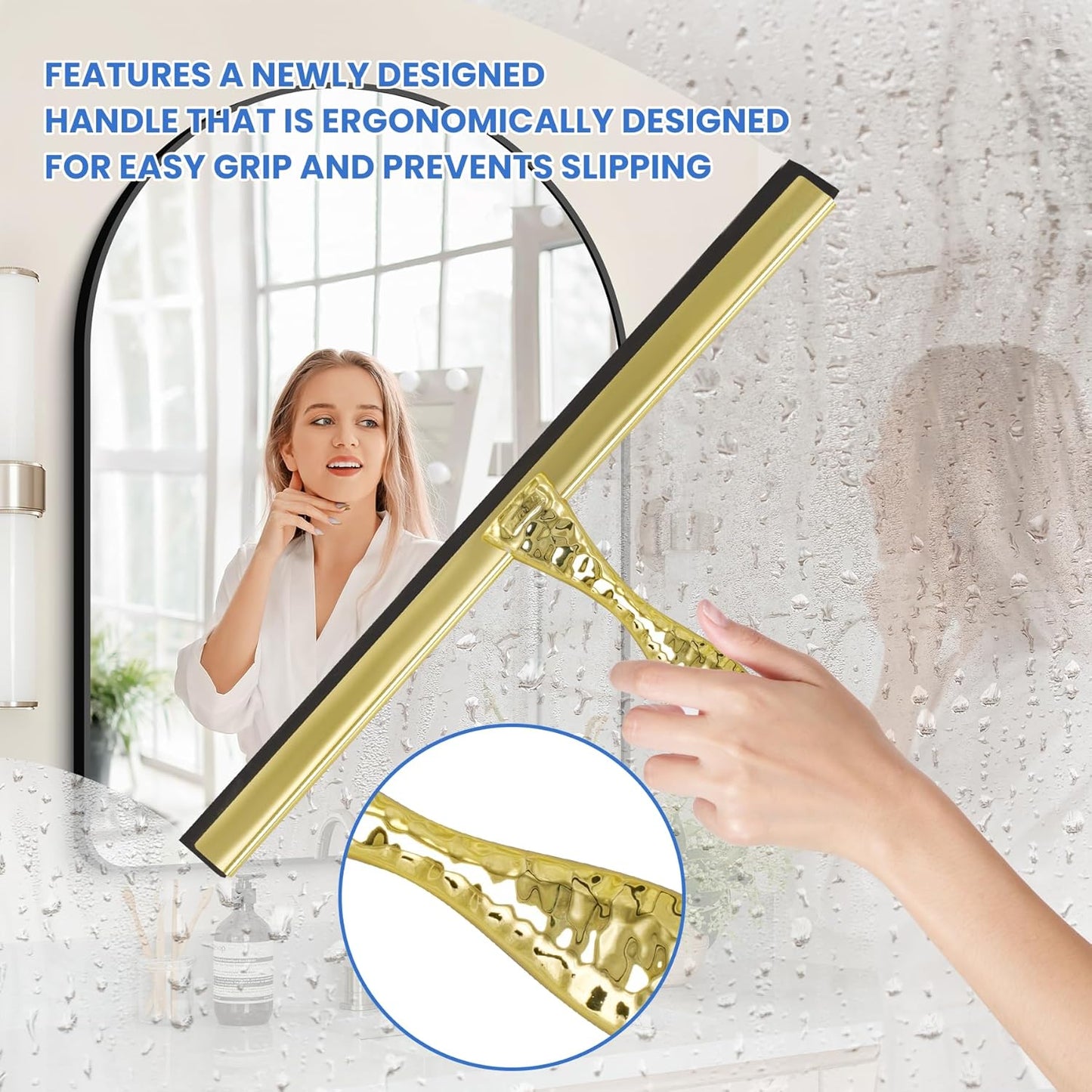 2-Pack Shower Squeegee for Glass Doors, 12 inch Gold Stainless Steel & 5 inch Pink Mini with 2 Gold Hooks, Non-Slip Hammered Handle, Silicone Wiper for Shower, Bathroom, Tile and Mirror