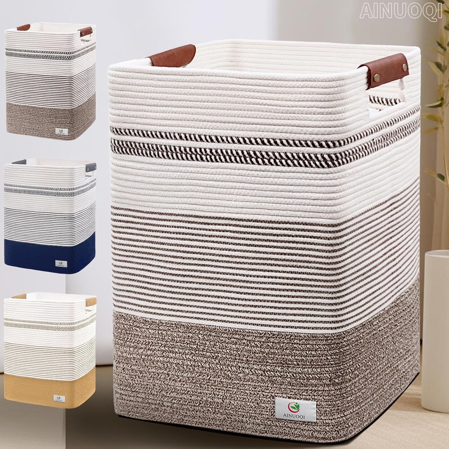 Laundry Hamper - Tall Woven Rope Laundry Basket - Clothes hamper with Leather Handles, 17.8" X 13.8" X 22", Blanket Storage Basket for Living Room, Rice Brown & White