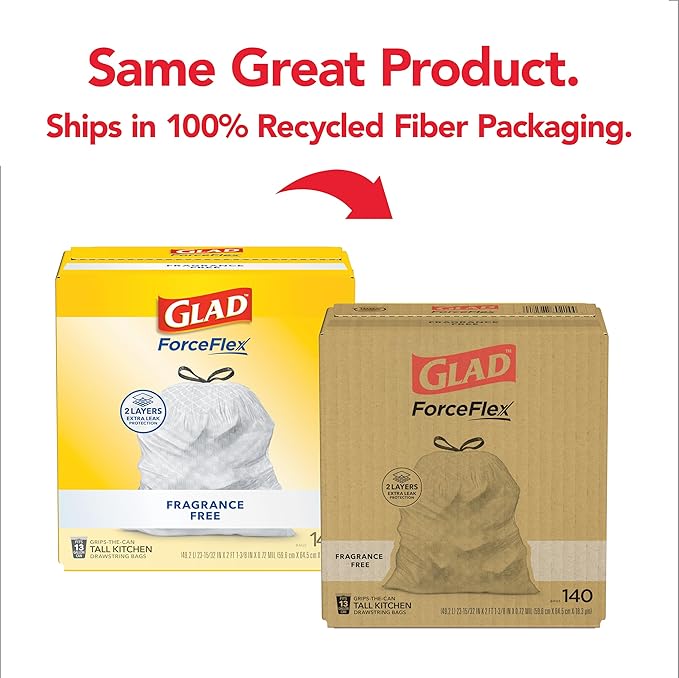 Glad ForceFlex Tall Kitchen Drawstring Trash Bags, 13 Gal, Fragrance Free, 140 Ct (Package May Vary)