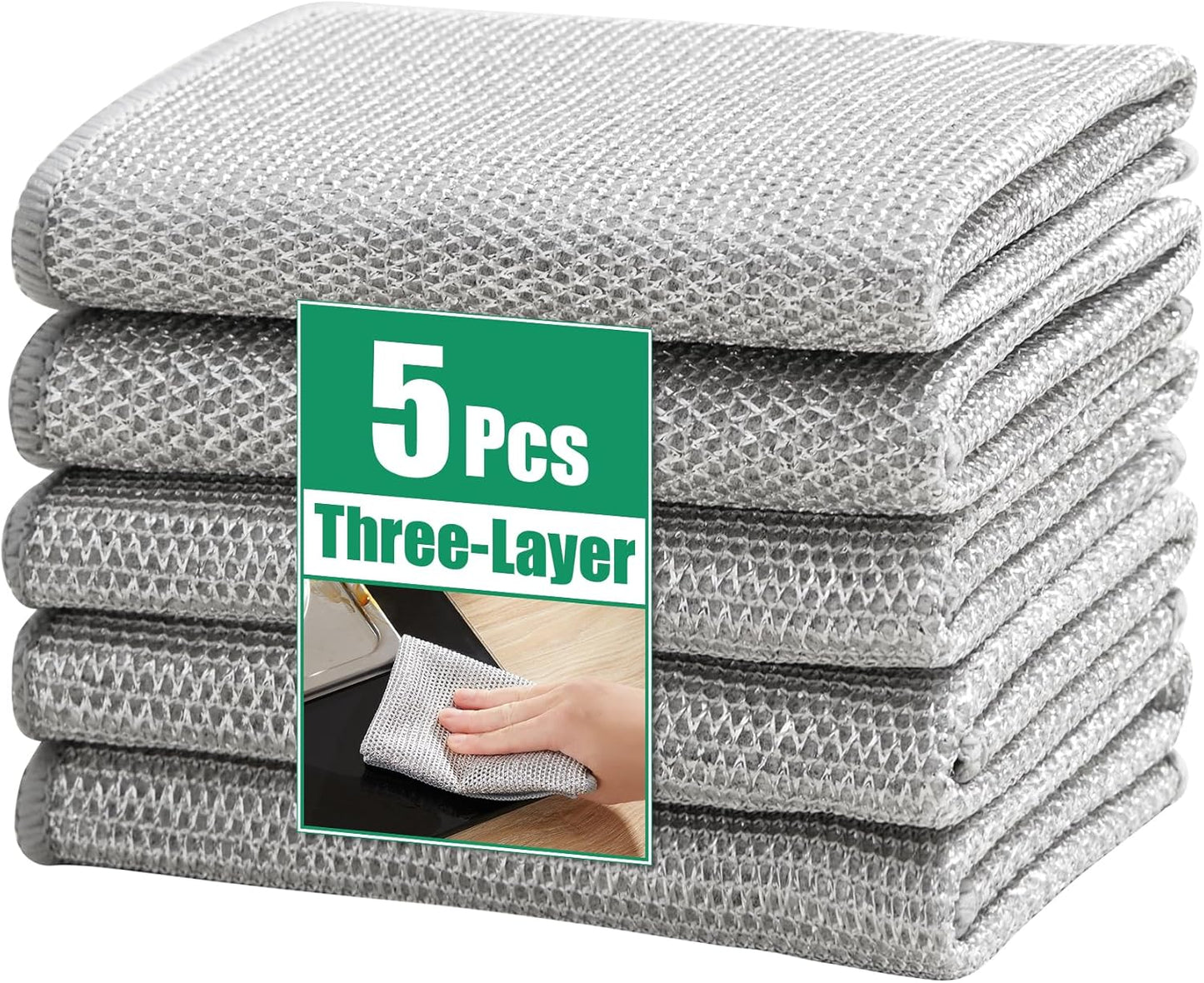 JOYMOOP Multipurpose Non-Scratch Silver Fiber Dishwashing Cloths, Reusable Cleaning Rags, Scrubbing Pads for Dishes, Glass, Stainless Steel - 5 Pack