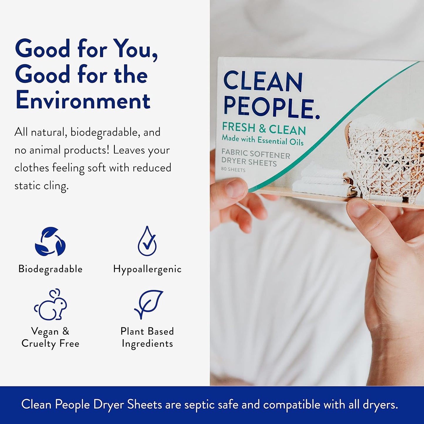 The Clean People Fabric Softener Sheets - Dryer Sheets - Softens & Removes Static Cling - Vegan Laundry Softener With Essential Oils - Fresh Scent, 240 Pack