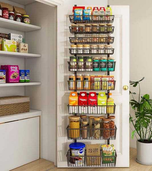 9-Tier Over The Door Pantry Organizer, Pantry Storage and Organization, Black Metal Hanging Spice Rack Seasoning Shelves Door, Wall Mount for Home & Kitchen, Laundry Room Bathroom Organization